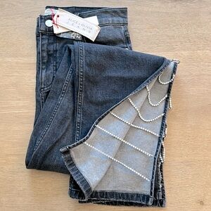 NWT Alice + Olivia Gayle Crystal Rhinestone Side Jeans Charcoal